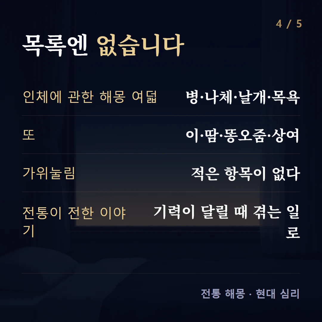 목록엔 없습니다 — 인체에 관한 해몽 여덟 병·나체·날개·목욕, 또 이·땀·똥오줌·상여, 가위눌림 적은 항목이 없다, 전통이 전한 이야기 기력이 달릴 때 겪는 일로
