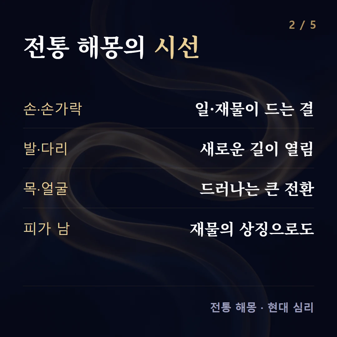 전통 해몽의 시선 — 손·손가락 일·재물이 드는 결, 발·다리 새로운 길이 열림, 목·얼굴 드러나는 큰 전환, 피가 남 재물의 상징으로도