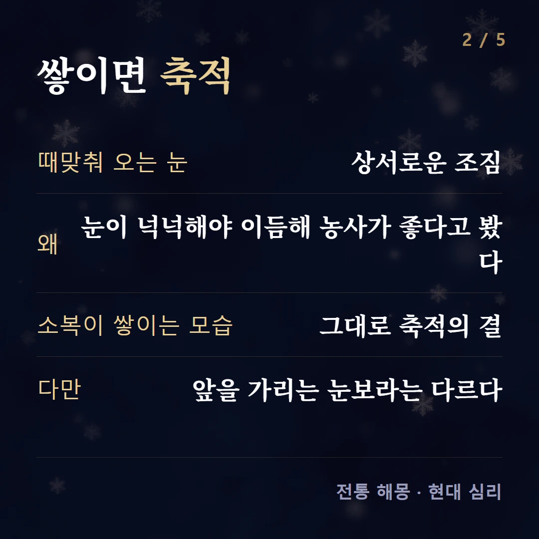 쌓이면 축적 — 때맞춰 오는 눈 상서로운 조짐, 왜 눈이 넉넉해야 이듬해 농사가 좋다고 봤다, 소복이 쌓이는 모습 그대로 축적의 결, 다만 앞을 가리는 눈보라는 다르다
