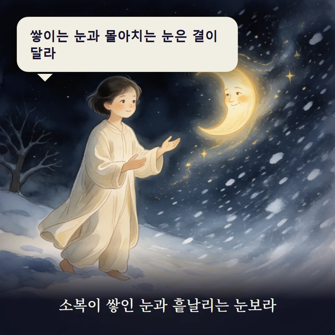이야기 3컷 — 소복이 쌓인 눈과 흩날리는 눈보라