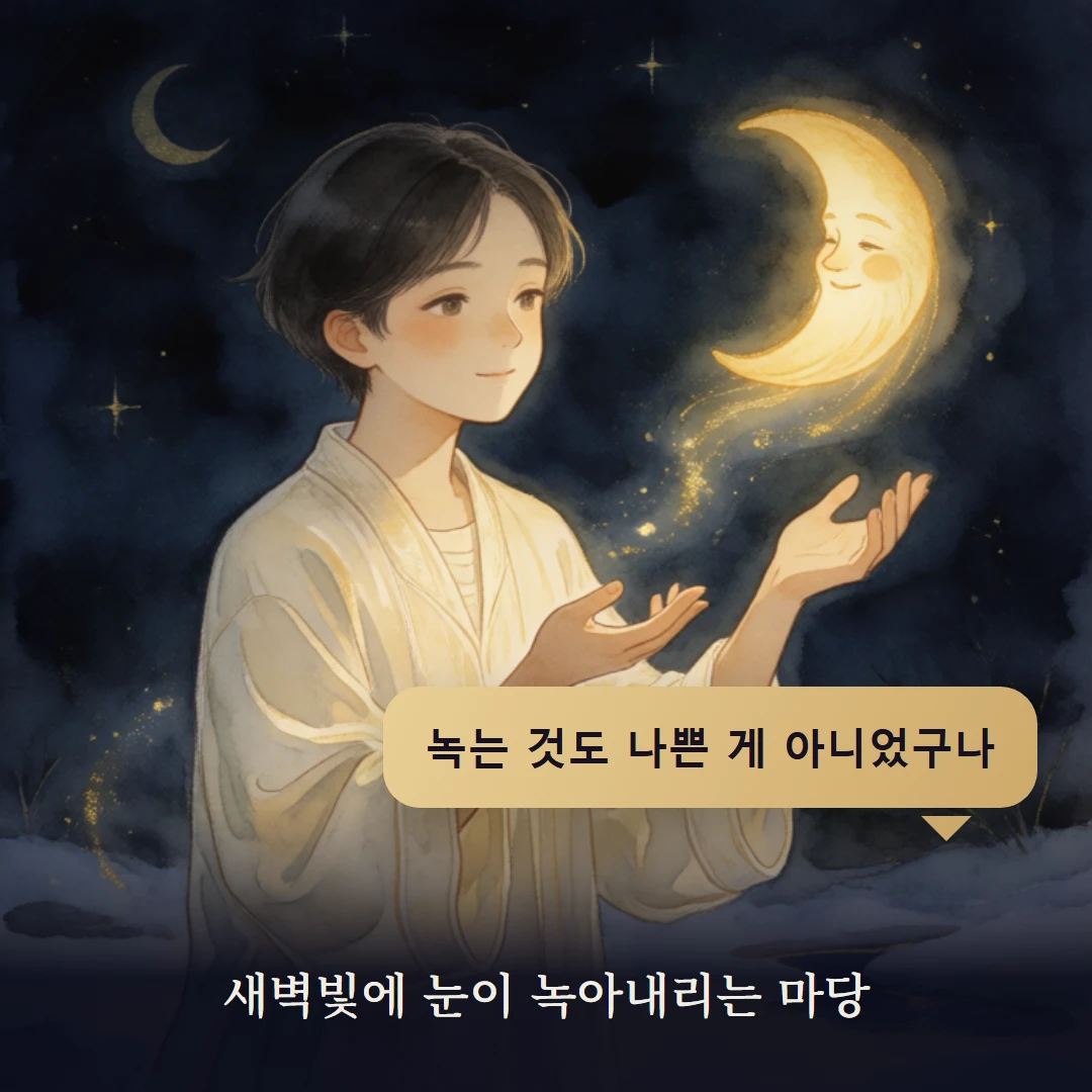 이야기 4컷 — 새벽빛에 눈이 녹아내리는 마당