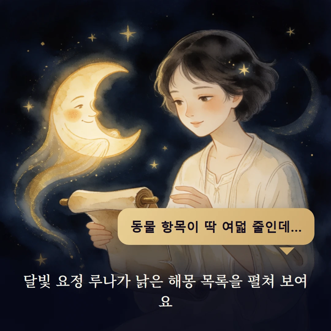 이야기 2컷 — 달빛 요정 루나가 낡은 해몽 목록을 펼쳐 보여요