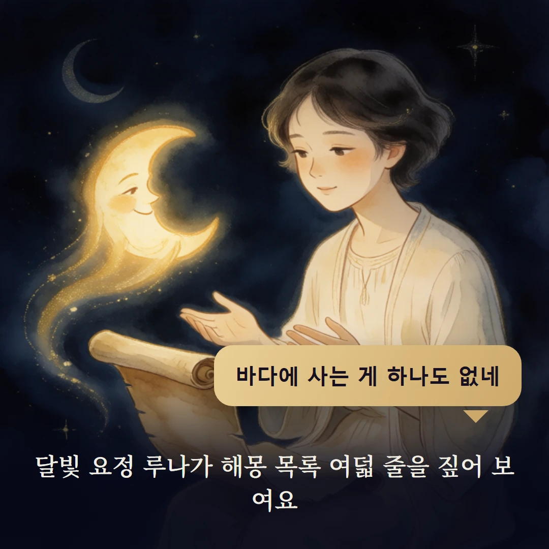 이야기 2컷 — 달빛 요정 루나가 해몽 목록 여덟 줄을 짚어 보여요