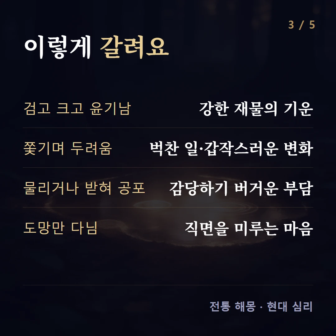 이렇게 갈려요 — 검고 크고 윤기남 강한 재물의 기운, 쫓기며 두려움 벅찬 일·갑작스러운 변화, 물리거나 받혀 공포 감당하기 버거운 부담, 도망만 다님 직면을 미루는 마음