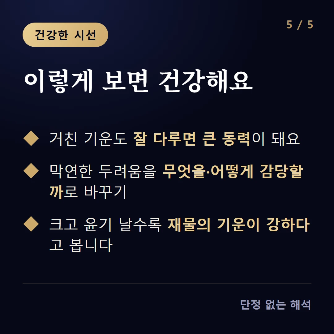 이렇게 보면 건강해요 — 거친 기운도 잘 다루면 큰 동력이 돼요 / 막연한 두려움을 무엇을·어떻게 감당할까로 바꾸기 / 크고 윤기 날수록 재물의 기운이 강하다고 봅니다